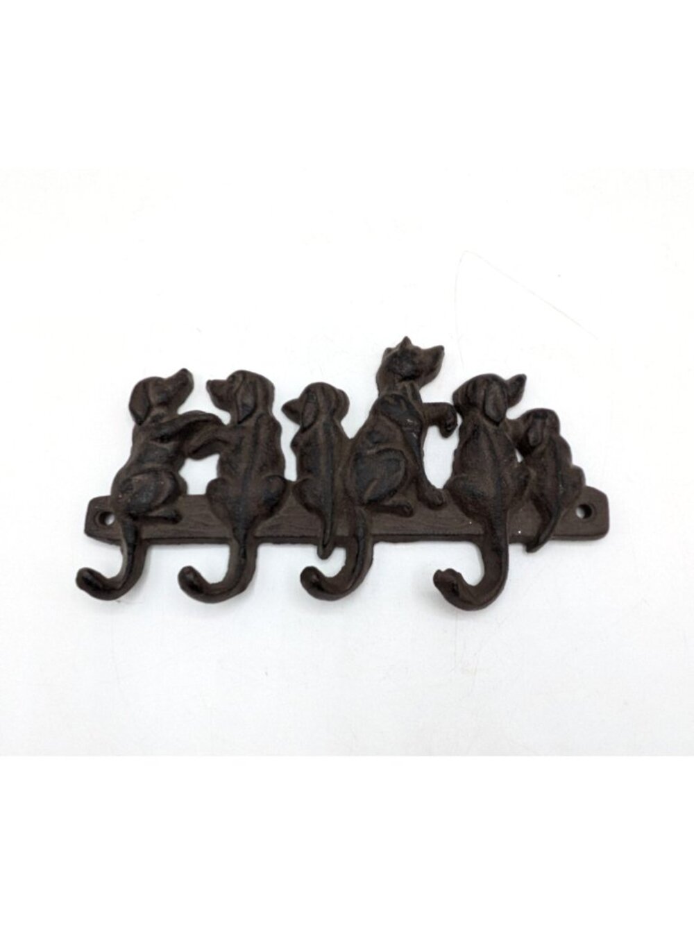 Vintage Cast Iron Dog 4 Hook Key Rack Wall Mount Brown Puppy Leash Holder 8"